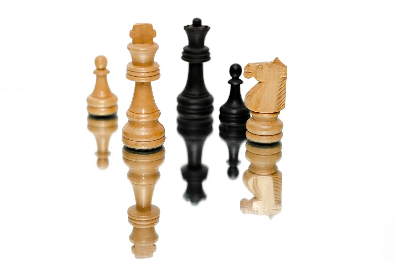 Wooden chess pieces standing on a white background